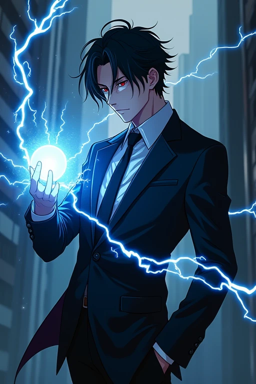 Black Hair,Black Suit,male,Anime Style,Red Eye,Blue electricity is emitting from one hand