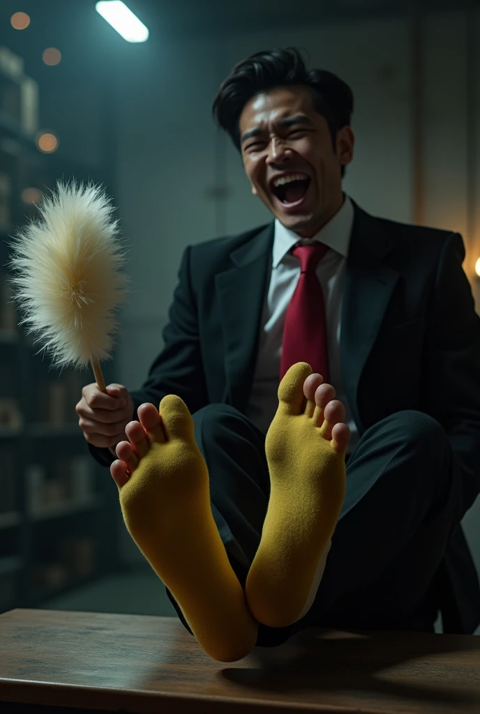 Malaysia malay handsome 23 years celebrity
His hand tied up behind with rope in warehouse
Blindfolded
Black Suit and Red tie
feet on desk
Loafer shoes on desk
5 toes each feet
Yellow smelly sock
A kidnapper
He's feet ticklish
Focus tickle his sock feet
Feather duster tickle
He laugh