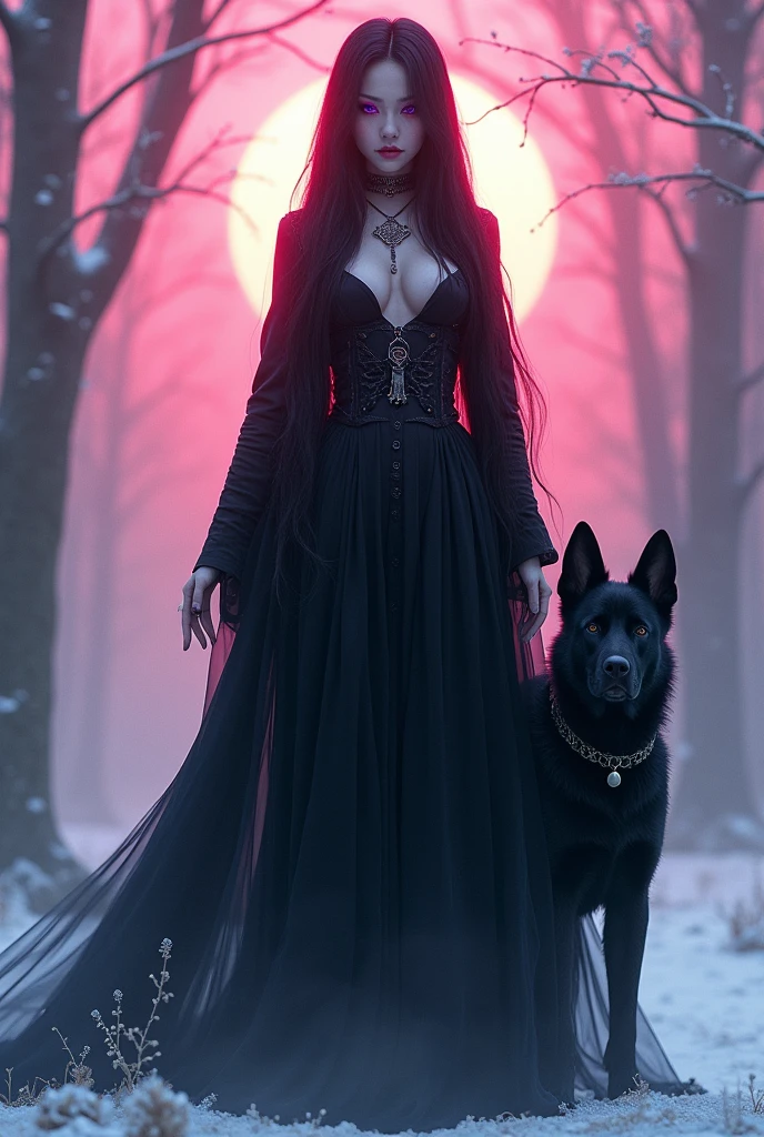 Captivating and sublime full-body illustration of a slim, pale-faced, long-haired Asian woman wearing a luxurious black coat and black jewelry. She is standing next to a black dog (cane corso). The woman has black hair with red highlights and wears a gothic outfit, she has purple makeup, elegant curves, a hazy and semi-realistic manga style, it's dawn, The gigachad dog is black. The background is a foggy snowy landscape. The lighting is soft, the dark eye makeup of the girl accentuates her ethereal beauty and sinister aura, contrasting sharply with her glowing, almost supernatural skin, her perfectly formed hands, an improbable scene. This mesmerizing image combines elements of hyperrealistic photography, 3D rendering and cinematic aesthetics, Taite Kubo manga, vibrant poster, ethereal gothic and detailed glowing background, made with Unreal Engine 5 for graphics, the rendering of depth and haze highlighted by the Nikon d7500, the use of Nvidia graphics performance