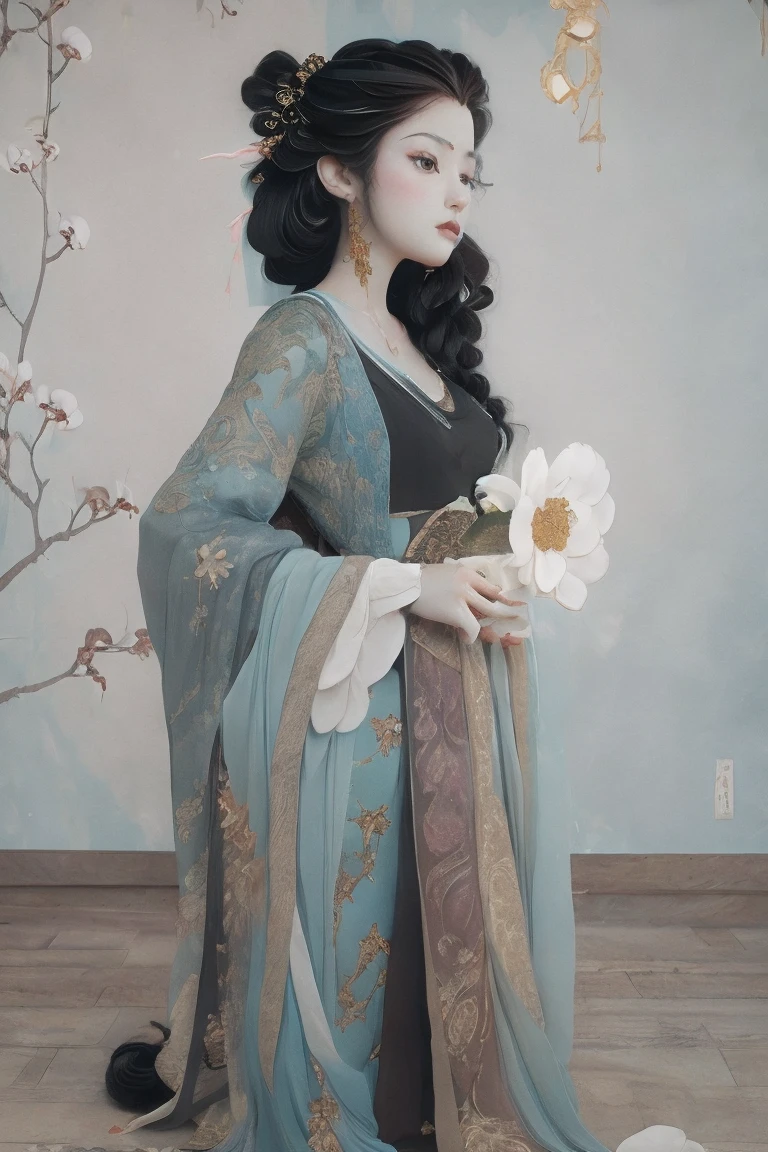 (best quality,4k,8k,highres,masterpiece:1.2),ultra-detailed girl anime character, very long black hair, mythology, traditional mythology dress, gorgeous hair accesories, gorgeous dress,high detailed, pastel color mood and tone background.