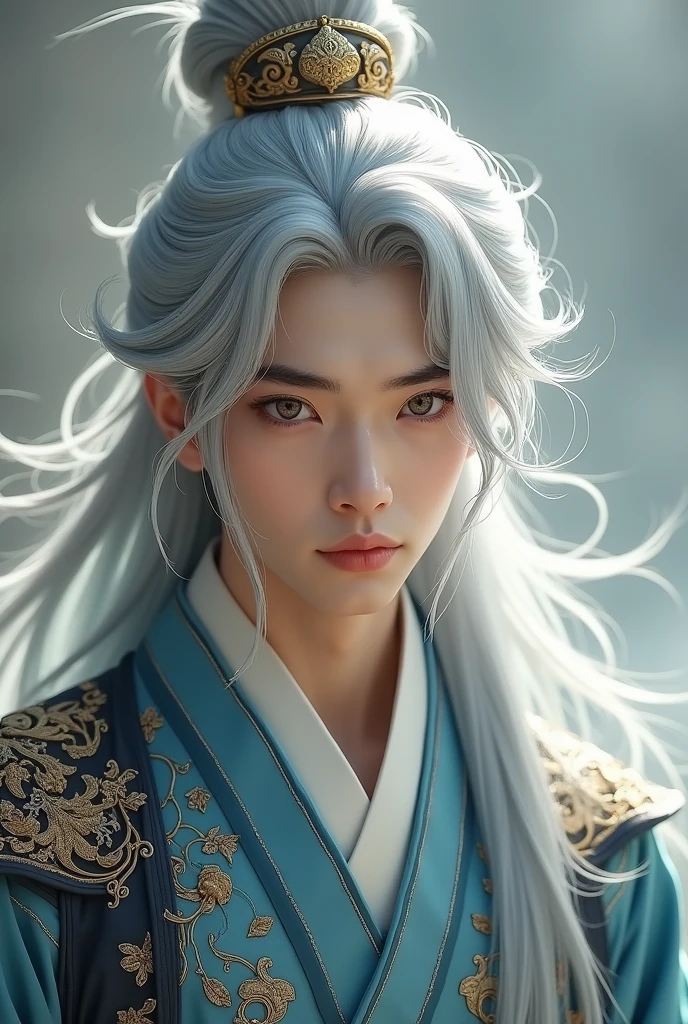 A handsome young man with long white and gray hair wearing a Chinese costume.