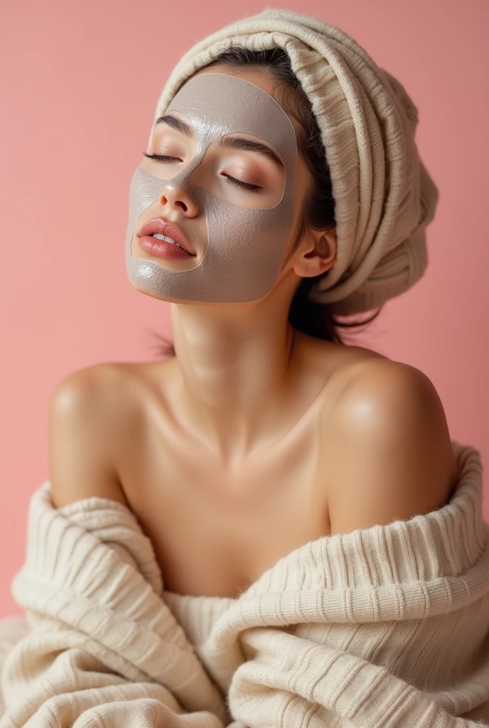 Creative and aesthetic Shoot  with pink or white background of female model with props applied rice mud in light brown colour face mask  . Use props in pictures