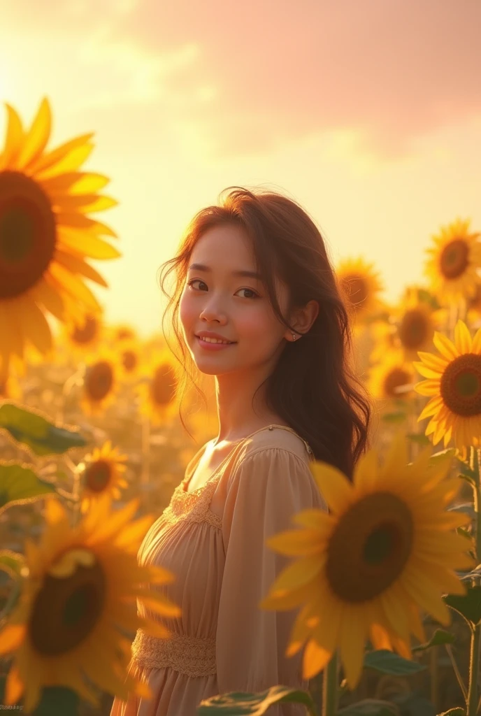 A SFW girl surrounded with sunflower, best god rays, pinkish sky, smile on face