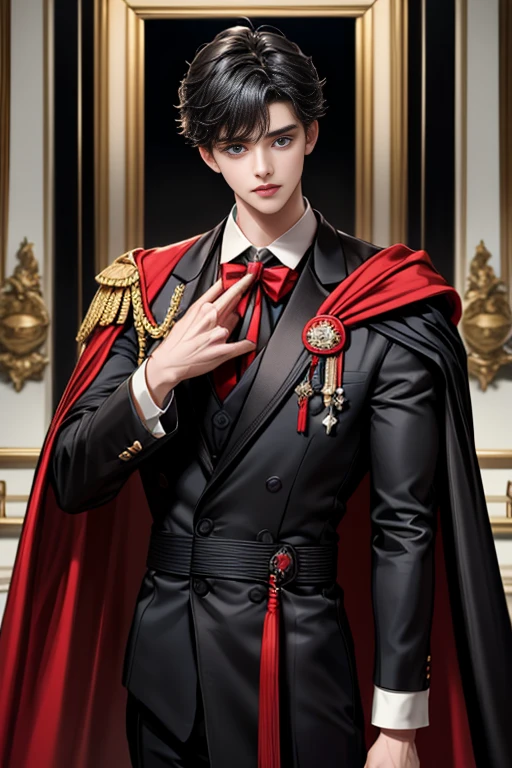 masterpiece, 最high quality, high quality, 1 boy, alone, Male focus, Upper Body,Watching the audience, Messy black hair, Adorable big blue eyes, White, Noble, Noble,A black and red cape that is bursting with sexy volume、Tuxedo、A very voluminous, large, very large, very large, long, long red and black cape with a high stand-up collar, made of a lot of fabric that reaches down to the floor., ,cute beautiful,Cute, cute, kind, handsome guy
