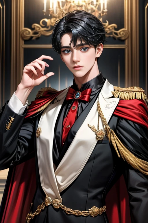masterpiece, 最high quality, high quality, 1 boy, alone, Male focus, Upper Body,Watching the audience, Messy black hair, Adorable big blue eyes, White, Noble, Noble,A black and red cape that is bursting with sexy volume、Tuxedo、A very voluminous, large, very large, very large, long, long red and black cape with a high stand-up collar, made of a lot of fabric that reaches down to the floor., ,cute beautiful,Cute, cute, kind, handsome guy
