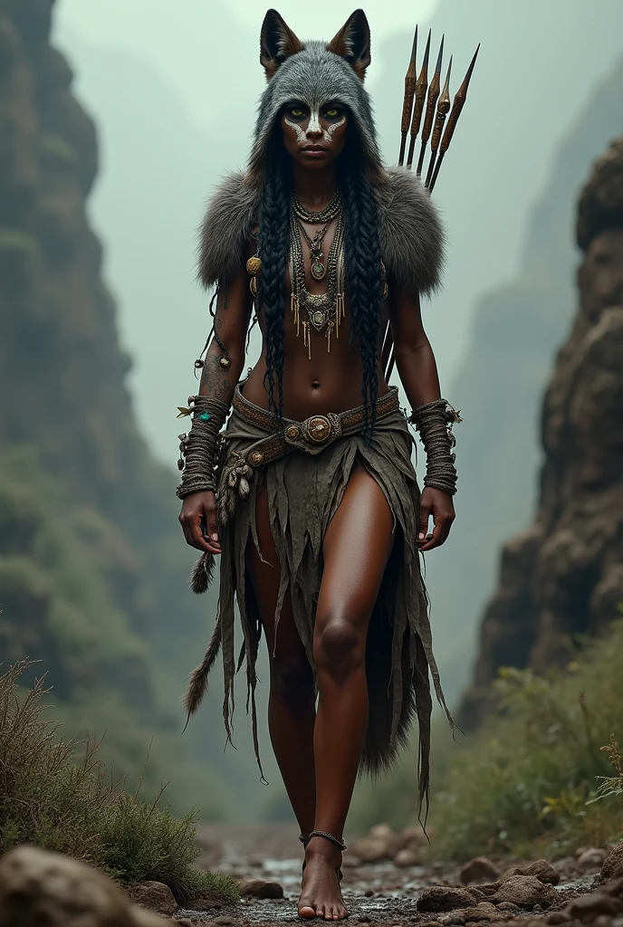 Only one
Only one 
Only one 2 girl with really dark skin 
Really dark skin 
Green eyes 
Apache 
Warrior face paint
Long hair with African braids 
Using a gray wolf's head as a hood 
Bare breasts, only covered by necklaces
Wearing wolf fur as a skirt, showing her leg
With a bow on the back
no panties
no panties
barefoot 
barefoot 
