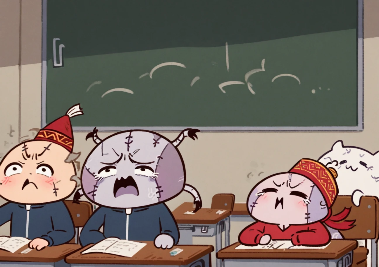 White Pangolins Beetle, patchwork skin, Circle Eye, Zig zag Mouth, Fez Hat, blue tracksuit, Black Keffiyeh Arab Head Scarf Headwear, by Guillaume Renard \(skchkko\), angry and Yelling, Rage, Scream, claw pose, looking at viewer, Desk in Classroom, doodle, Style of MFKZ