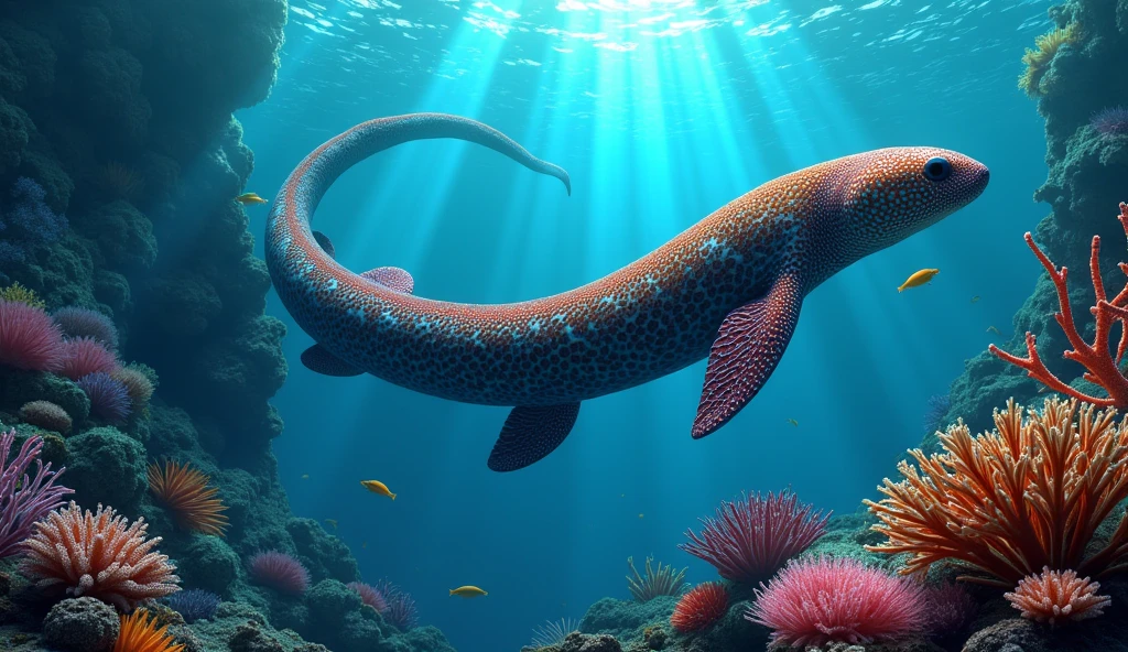a colorful moray eel swimming in a coral reef, detailed scales, intricate patterns, vibrant colors, realistic underwater scene, ocean, blue water, sunlight shimmering on the water, beautiful marine life, (best quality,4k,8k,highres,masterpiece:1.2),ultra-detailed,(realistic,photorealistic,photo-realistic:1.37),highly detailed,intricate details,vivid colors,stunning realism,cinematic lighting,dramatic shadows,dynamic composition