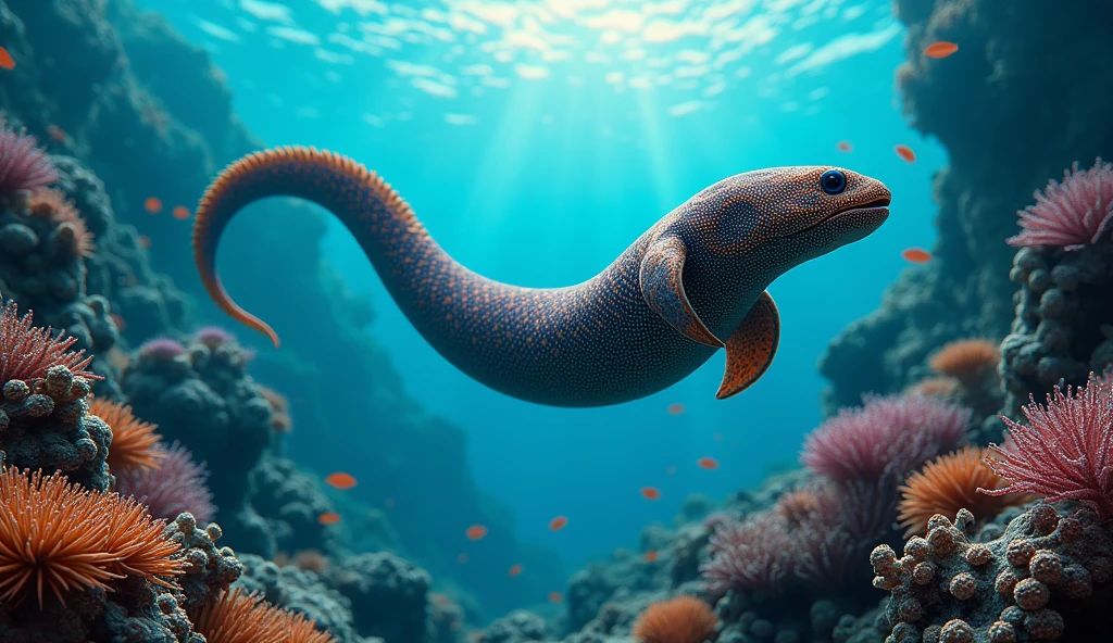a colorful moray eel swimming in a coral reef, detailed scales, intricate patterns, vibrant colors, realistic underwater scene, ocean, blue water, sunlight shimmering on the water, beautiful marine life, (best quality,4k,8k,highres,masterpiece:1.2),ultra-detailed,(realistic,photorealistic,photo-realistic:1.37),highly detailed,intricate details,vivid colors,stunning realism,cinematic lighting,dramatic shadows,dynamic composition