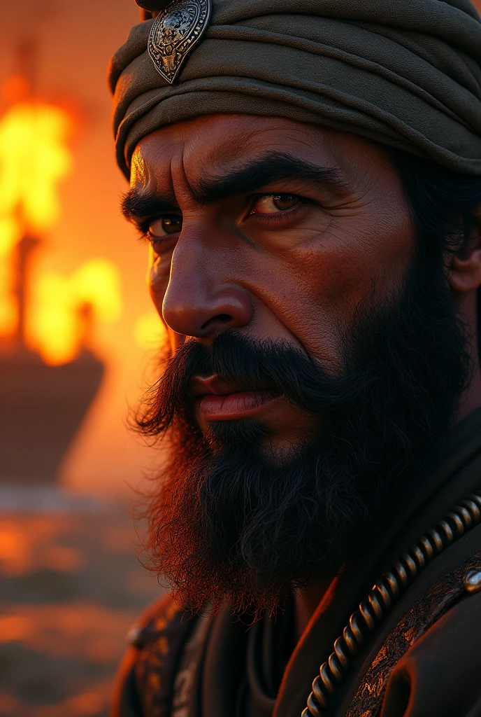 ""A close-up of Tariq ibn Ziyad, his face illuminated by the glow of burning ships behind him, his expression one of resolve and leadership."