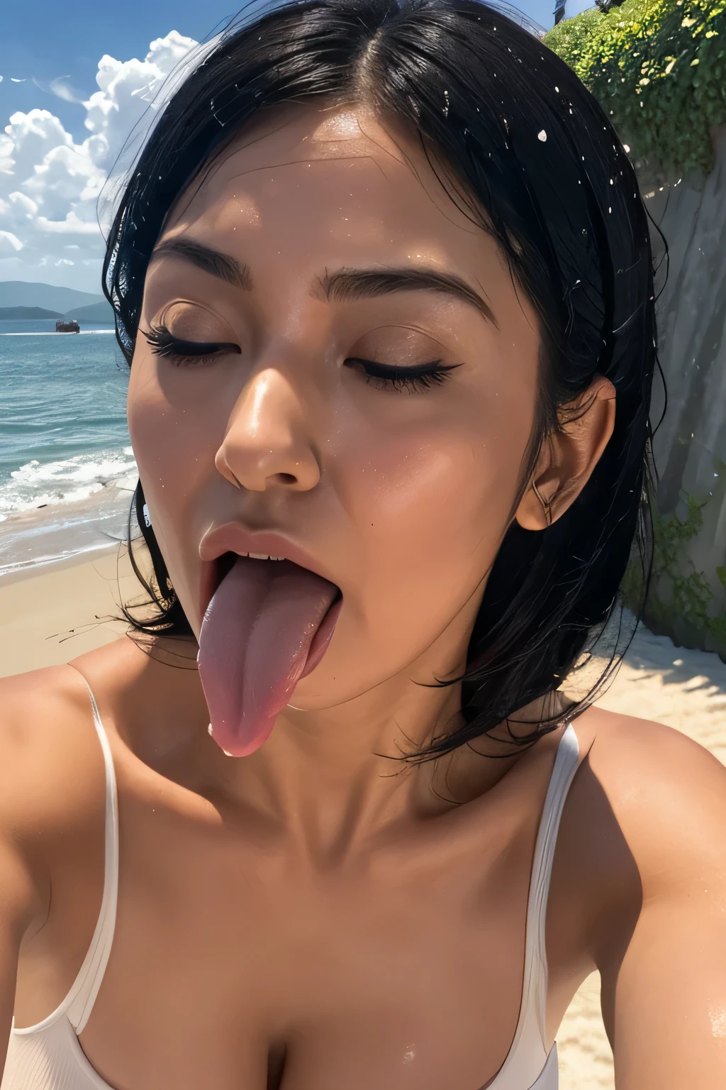 Image of a woman,、Face close-up、Smooth Skin、masterpiece、Highest quality、8K Photo、((close your eyes and open your mouth slightly))、close your eyes、Suffering face、(Wrinkles around the eyes:1.2),woman, 2, Tank top、length, Pointed nose,,,,,,,,,,,,,,,Strong Nose、length, Narrow nostrils、Skin shiny with sweat、Lighting that highlights shiny sweat{Realistic nostrils}, Black-haired、((Bushes along the beach wall))、Shapely breasts、(Super wet skin),((Ahegao,Sticking out a long tongue))(Close enough to kiss)