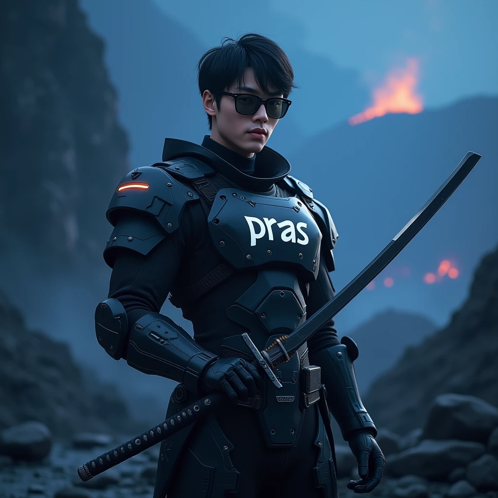 Create a character stylist, {{background: text: “GLBK”, darkness blue vulcano}},
realistic, HDR, use glasses, handsome, korean style, full body, use katana, age 20, armor text: “PRAS”