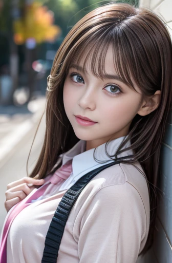 {{1 female, white}}, View your audience, Hazel Eyes, Ultra-high resolution,Very detailed, Brown Hair, Pink clothes,uniform, high school girl, Soft skin texture,Soft and sexy lips, Happy, 最high quality, high quality, Very detailed 8K photo:1.5, whole body