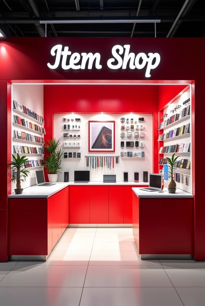 Mobile Repairing And Accessories red and white Showroom
With The Name Of ITEM SHOP