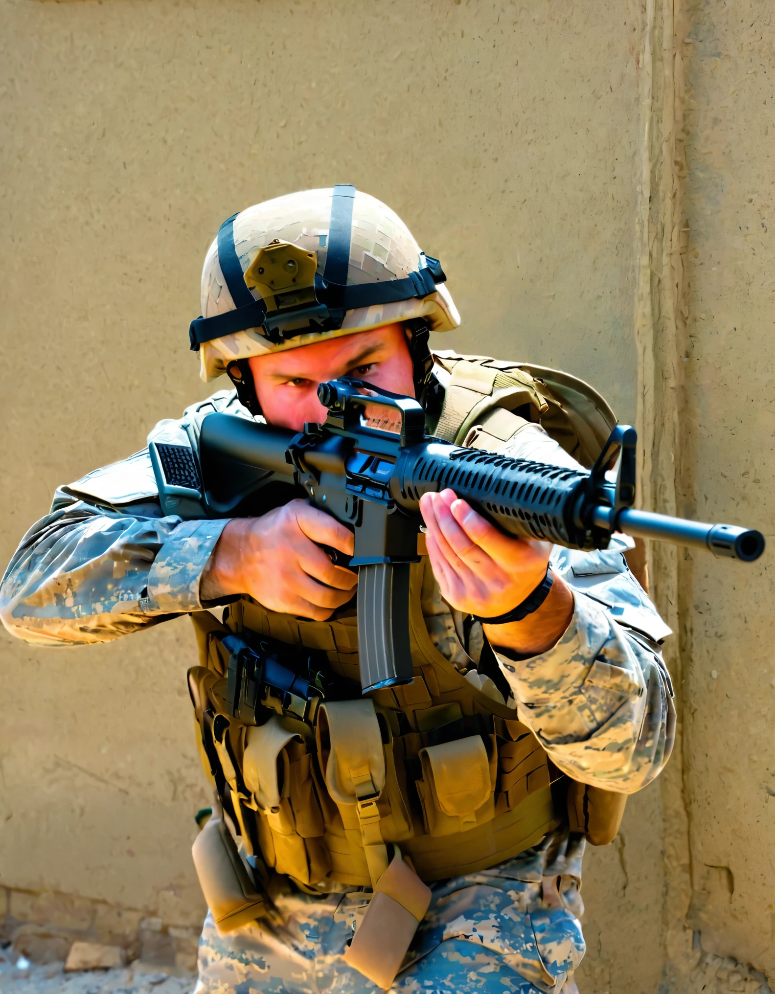 arafed soldier with a gun in his hand and a helmet on, a soldier aiming a gun, airsoft cqb, airsoft gun, shoulder mounted gun, man is carrying a rifle, wielding assault rifle, holding rifle, top shot, airsoft electric pistol, handling riffle on chest, military weaponry, battle action pose, holding a rifle, realistic soldiers, new york street backdrop