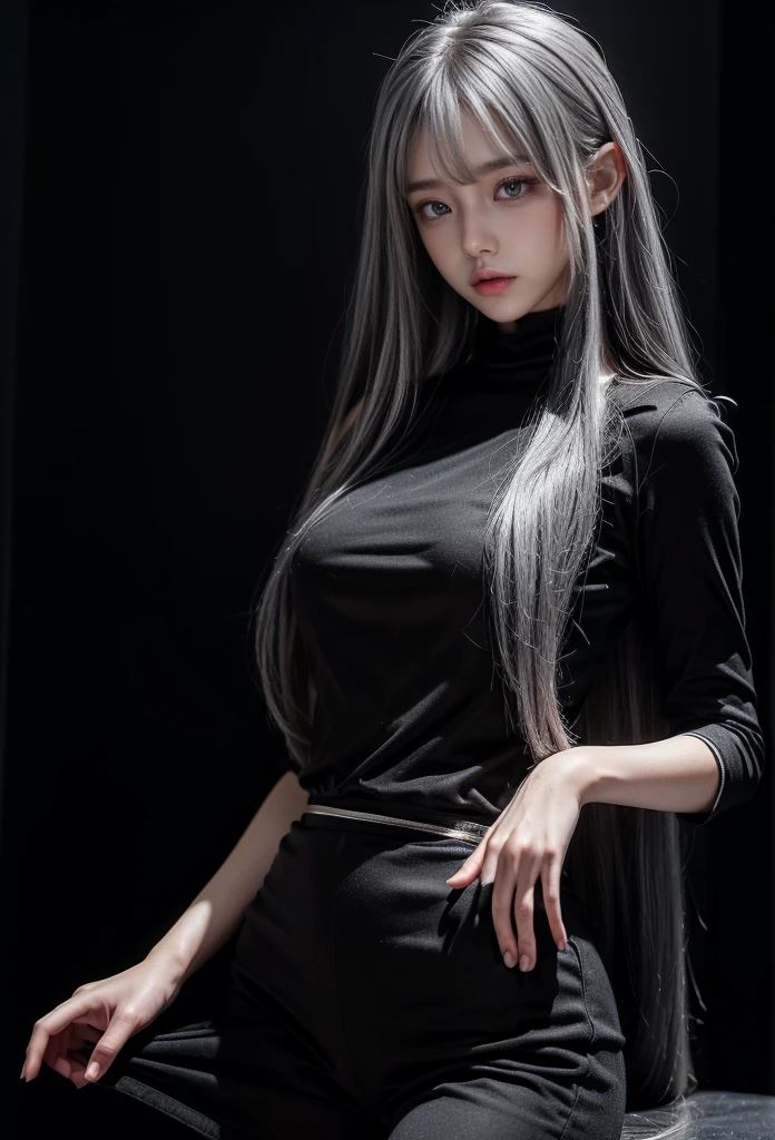 standing,Military Uniforms,pants,black military uniform,whole body,Height: 168cm,almond shape eyes,{{{{{silver eyes}}}}},{{{{{dull bangs}}}}},(slanted eyes},{{whole body},{{{1 girl}}}, long hair, straight hair,{{{{silver hair}}}},{{{tsurime}}},30 years old,{Medium chest},{{bush}},silver eyes,{{{masterpiece}}}, {{{highest quality}}}, {{Super detailed}}, {shape}, {{very delicate and beautiful}},very detailed,detailed perfect,detailed hyper,Abundant thighs,big ass,black clothes