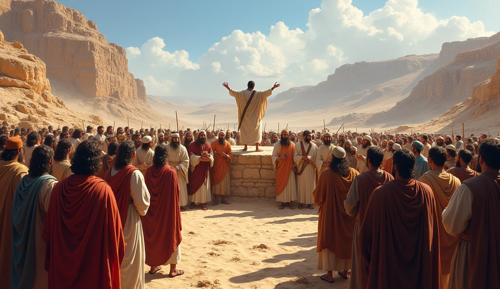 Create an epic-style illustration of the tribes of Israel calling an assembly at Mizpeh. The scene takes place in an open area with a dramatic backdrop of rugged hills and a wide, clear sky. A large crowd of men from different tribes, dressed in ancient Israelite costumes, is gathered, some people are reading the bible. In the center, prominent leaders stand on a raised platform, speaking passionately and gesturing to the assembly. The general atmosphere should be harmonious, with people showing expressions of relief, serenity and peace. The color palette should be intense and vivid, emphasizing the gravity and meaning of the meeting.