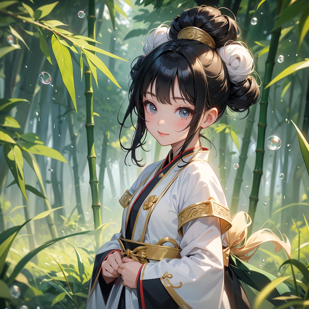 A chibi child girl had a small face and Wearing white little Taoist priest's outfit. A pair of big round eyes shone with curiosity about him. This child was so cute,her hair is black with two buns on her hair.small chibi, chibi baby, smiling ,Chibi.

The back is a lush green bamboo forest. The air after rain has water droplets splashing around.
