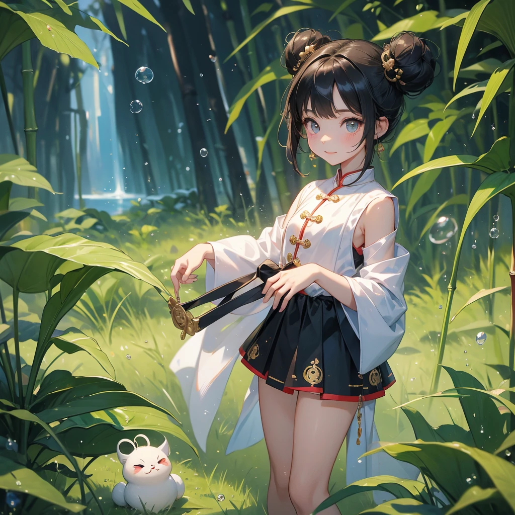 A chibi child girl had a small face and Wearing white little Taoist priest's outfit. A pair of big round eyes shone with curiosity about him. This child was so cute,her hair is black with two buns on her hair.small chibi, chibi baby, smiling ,Chibi.
The back is a lush green bamboo forest. The air after rain has water droplets splashing around.