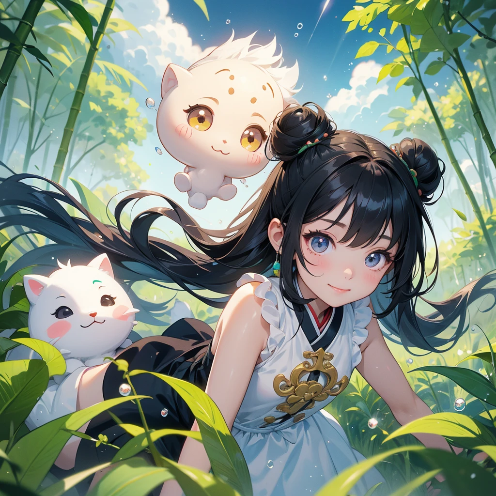 A chibi child girl had a small face and Wearing white little Taoist priest's outfit. A pair of big round eyes shone with curiosity about him. This child was so cute,her hair is black with two buns on her hair.small chibi, chibi baby, smiling ,Chibi.
The back is a lush green bamboo forest. The air after rain has water droplets splashing around.