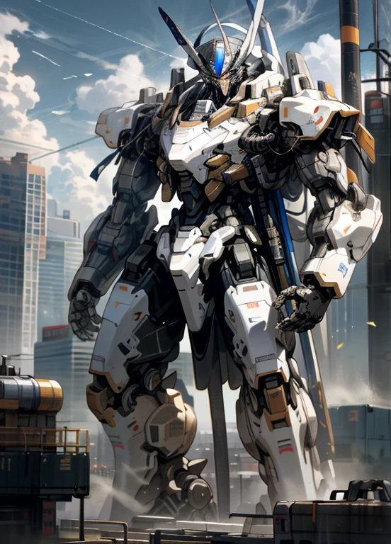 null, cloud, Holding_arms, no_human, Shine、robot, building, Shine_eye, Mecha, science_fiction, city, Realistic,Mecha、Shiden、High resolution、8k、high resolution、Very detailed、Perfect Proportions