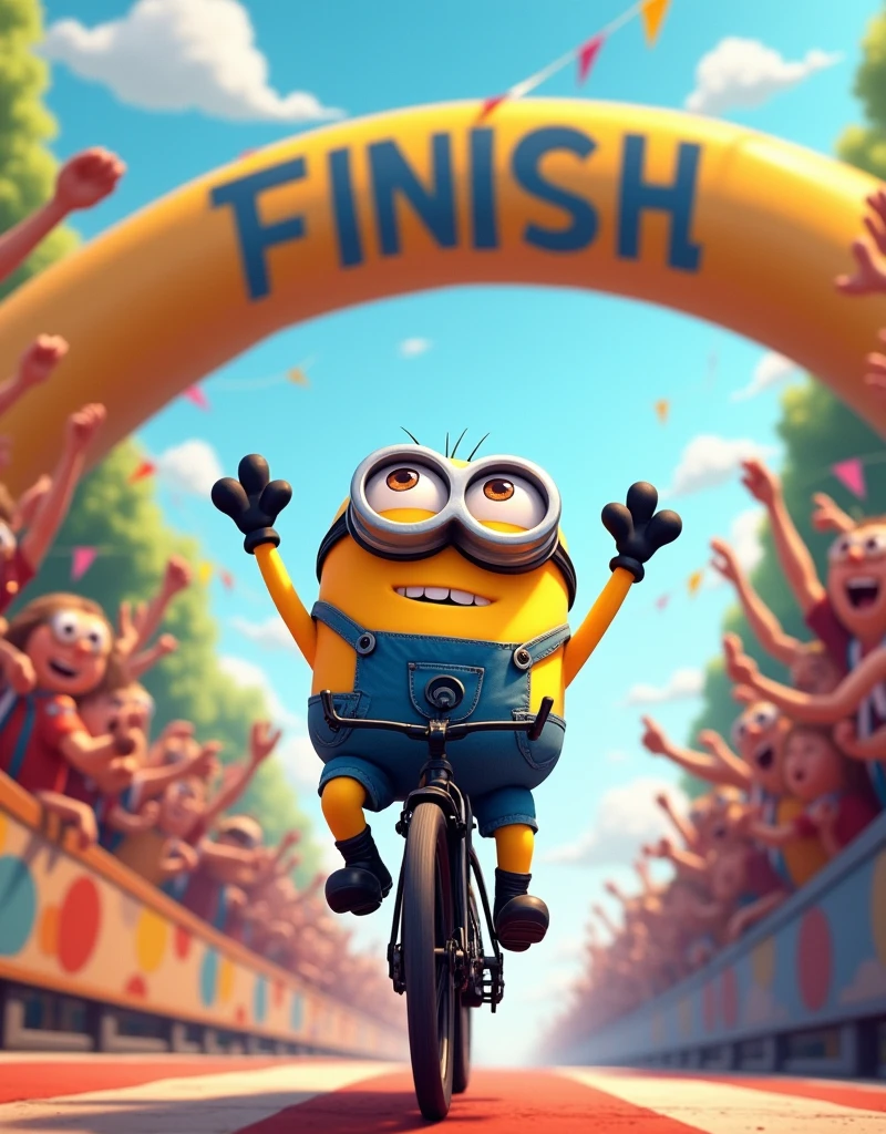 Minion Kevin with the black bike.crossed the finish line to the cheers of the crowd. Above is the Bike finish gate 