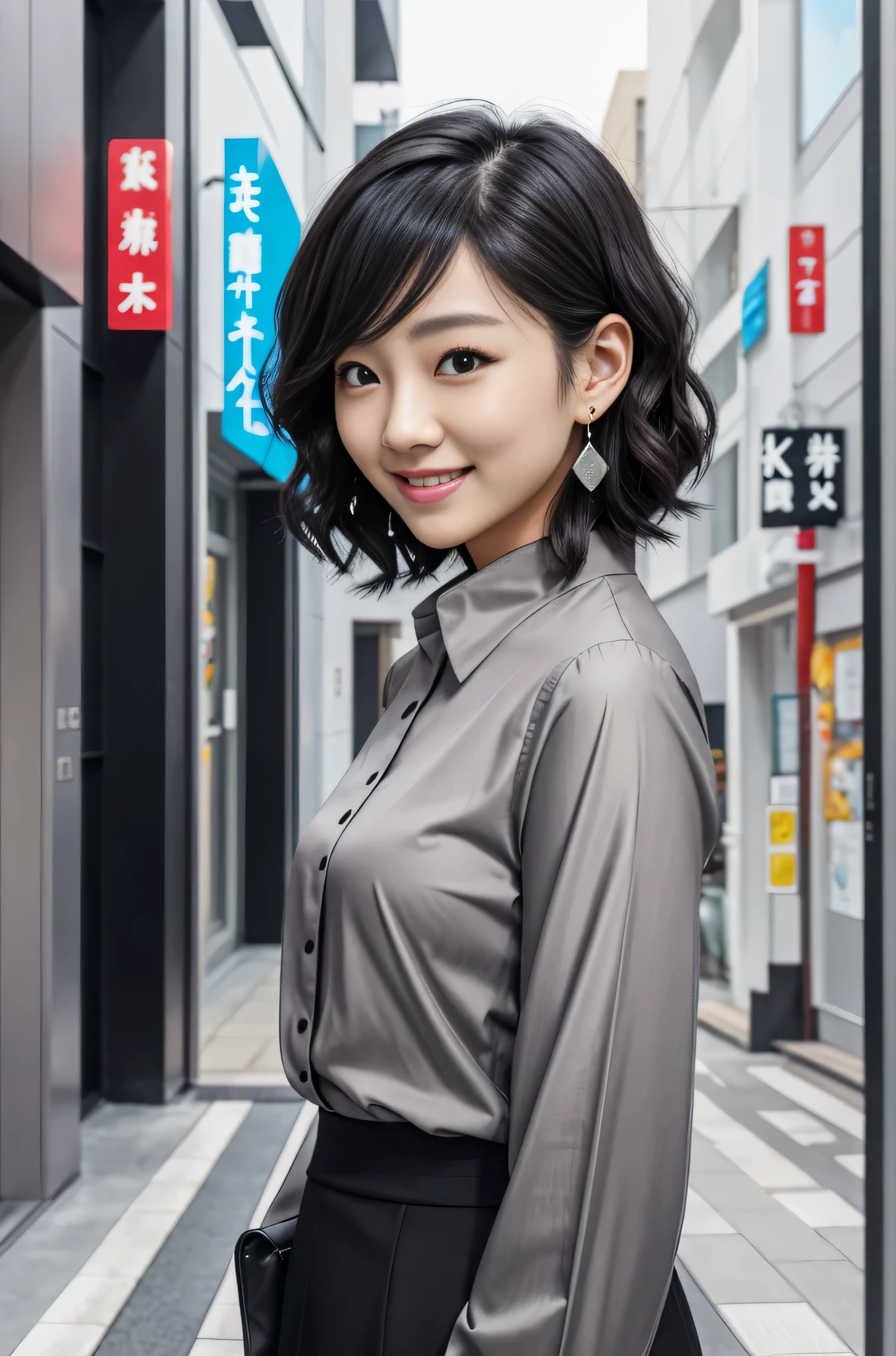 Super Resolution、Beautiful Japanese Women、short hair、Wavy Hair、Black Hair、smile、Long sleeve blouse、ear piercing、The background is a gray space