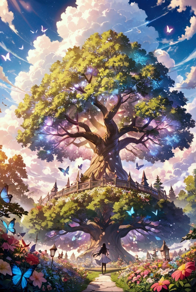 (Beautiful woman\(student, , JK, Long Hair, Colorful eyes, Pale skin,) Looking up at the sky), (Many butterflies flying in the sky), Beautiful sky, evening,summer,Colorful flowers are blooming everywhere, Mysterious and dreamy ,Giant Tree,quality\(8k,CG wallpaper, masterpiece,High resolution,top-quality,Surrealism,Increased resolution,RAW Photos,Best quality,Very detailed,Light,Ray Tracing,Golden Ratio),Heart-shaped cumulonimbus cloud,world Tree
