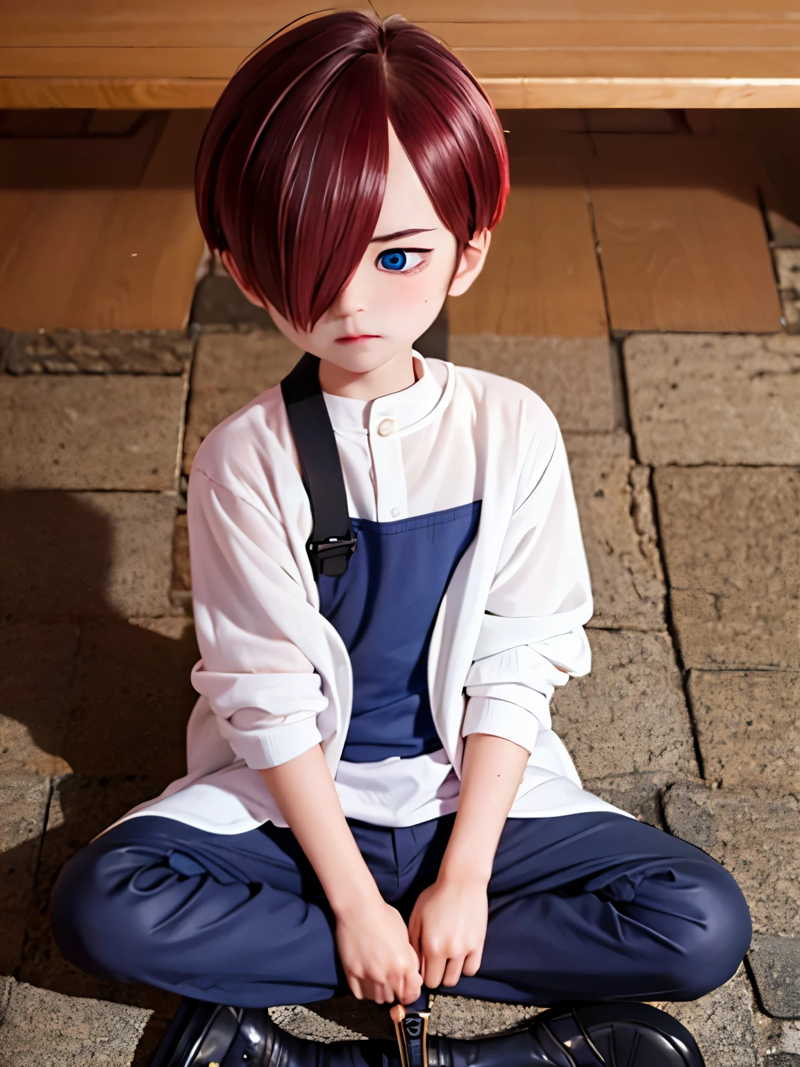 1boy, solo, male focus, kyoutarou_ichikawa, bright red hair, blue eyes, short hair, hair over one eye, bangs,Sitting on the ground, eyes closed, expression of pain, half body photo, Holding a wooden sword