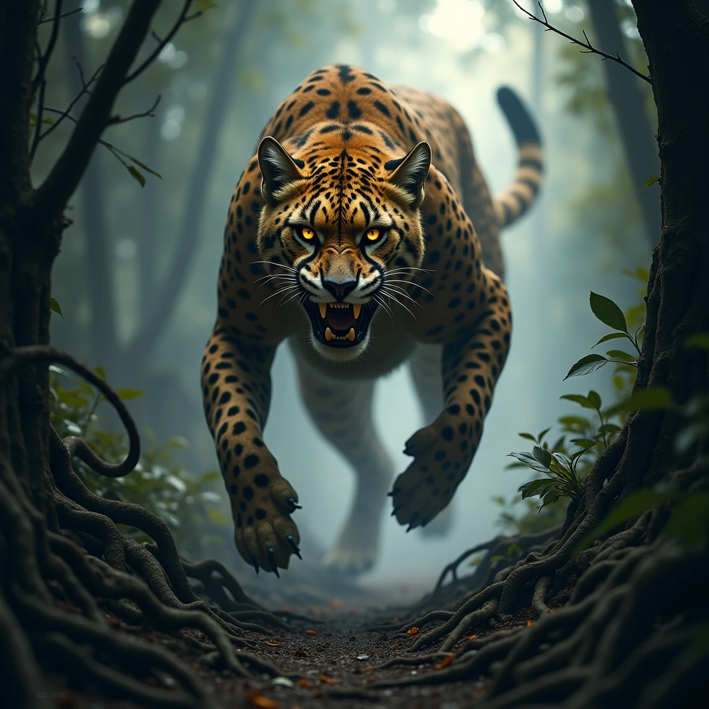 A massive black cheetah with sharp, glistening fangs is running full speed toward the viewer, its mouth open wide in a ferocious snarl, ready to attack. The cheetah's golden fur is matted and wild, and its glowing eyes are locked onto the viewer with a menacing intensity. The scene is set in a dense, smoky jungle, with thick underbrush and towering trees partially obscured by the heavy mist. The path the cheetah is charging down is narrow, overgrown with twisted roots and foliage, adding to the sense of impending danger. The overall atmosphere is dark and ominous, with the dense fog swirling around the cheetah, making its approach even more terrifying