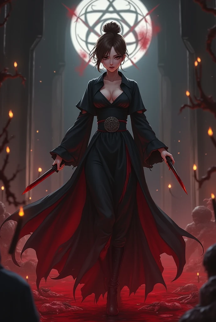 Anime style. Full body imagery of a Beautiful, evil cult leader with brown hair tied in a bun. Dark red lips curled up into a smile. Black blood stained robes tight against her perfect body. A bloody dagger in her hand as she completes another ritual sacrifice of a young boy. In a dark temple with a bloody sacrificial altar.