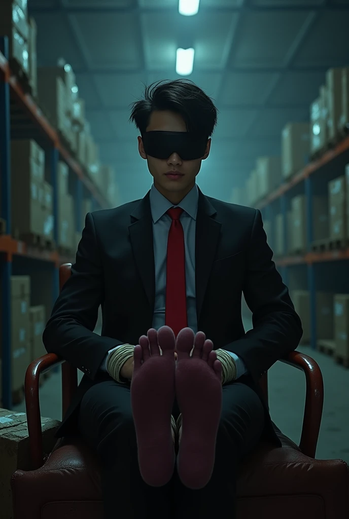 Malaysia malay handsome 22 years student
His handcuff  in warehouse 
Blindfolded
Black Suit and Red tie
feet on desk
feather
5 toes each feet 
Black  smelly sock
2 man under his feet
1 man take off  his socks
1  man holding feather tickle his feet 
He laugh very hard