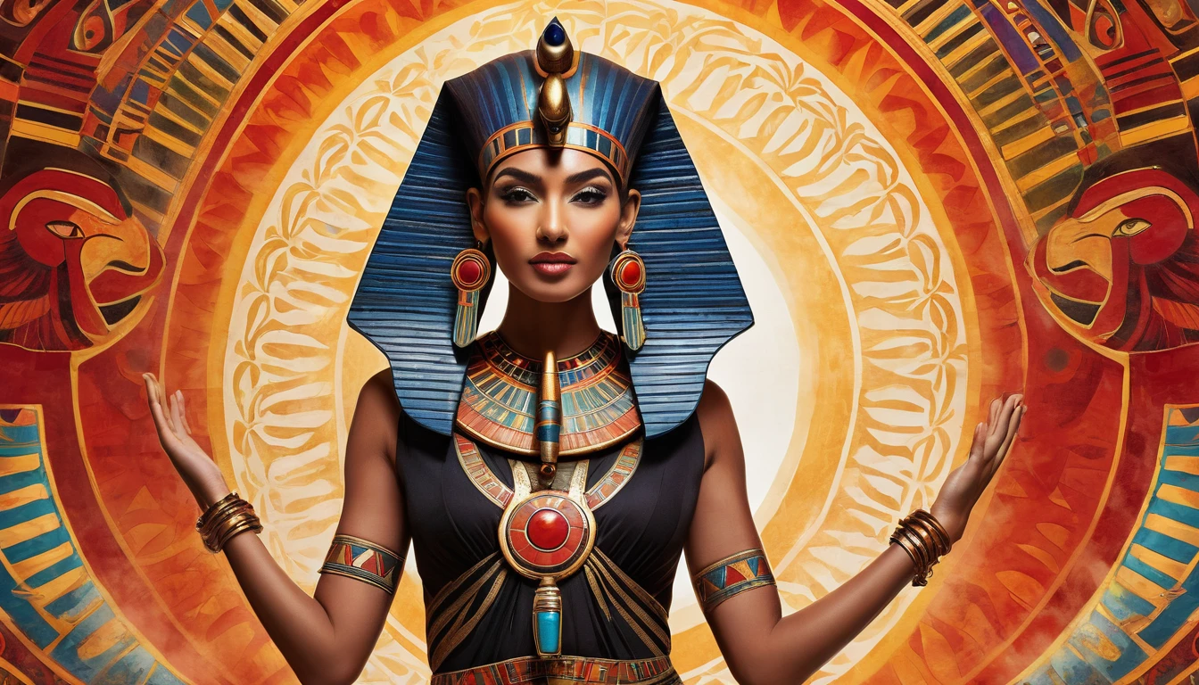 A confident woman with a strong jawline and determined expression stands tall, her body angled slightly towards the camera. She's dressed in modern attire with bold, geometric patterns inspired by Egyptian art, her silhouette accentuated by dramatic lighting that casts intriguing shadows. Her hand, adorned with a large, ornate ring featuring an Eye of Horus design, reaches out towards the viewer as if controlling their destiny. The background features a vibrant, stylized depiction of ancient Egyptian deities, their forms merging with swirling patterns of smoke and light. The overall palette is dominated by bold reds, oranges, and yellows, conveying a sense of power and influence. The image is sharply focused with a wide-angle lens, emphasizing the woman's commanding presence and the captivating energy of the scene.