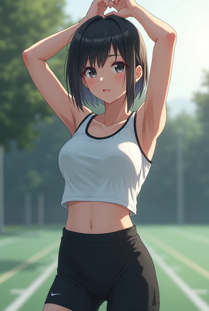 Realistic glowing skin, (発Sweat:1.8),(On all fours:1.8),Look back at your face,Always look at the camera,(発Sweat:1.8),(Beautiful nipples in real life:1.6),,(whole body:1.9),(発Sweatしたリアルな白い肌:1.9),White socks, (black running shoes:1.8),
,Cold look,Cold Stare,Black Hair,short hair,Tie your hair short,Silky translucent white skin,,(Very detailed美しい顔), Great face and eyes, (Highest quality:1.4), (Very detailedな), (Very detailed CG 統合 8k 壁紙), Very detailed, High resolution raw color photos, Professional photography, Realistic portrait,Sweat,,(A Cup:1.9),(Flat Chest:1.9),(Very small breasts:1.9),(Breast augmentation:0.1),(Small breasts beginning to swell:1.9),(Breasts during puberty:1.9),
, (少女のwhole bodyの詳細なRAW写真), Canon EOS R5 250mm, Sharp focus, Cinema Lighting, (No makeup:1.2), Fine skin, Delicate collarbone,,(Ultra-high resolution:1.6), (Realistic:1.6),,(Japanese junior high school girls:1.9),(whole body:1.8),(Sweatが滴る肌:1.9),(The lower half of the body is a black athletics uniform:1.9),(Sweatで滲んだ肌:1.9),(Age is :1.9),(Raise your arms above your head:2),(The upper body is a white athletics uniform:1.9),Height is 155cm,Non-erect, thin nipples,very small nipples,Natural nipples,Real girl nipples,Not disgusting nipples,(Outdoor:1.8),Sweat,(Sweatばんだ肌:1.9),(Clothing: Minimal:1.8),
