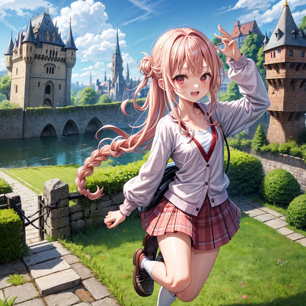 Pink Blonde、Red eyes、Wavy Hair、Hair tied up、Two cute、Checked mini skirt、black t-shirts、cardigan、Knee-high socks、Teeth are visible、Monster Castle、Tilting face、windmill、grass、Stones are growing out of the ground.、In front of the city gates、Underground tunnels、Water flows from the castle、Wooden bridge、The stone is cracked、Ashura Statue、Giant wood、Claw marks