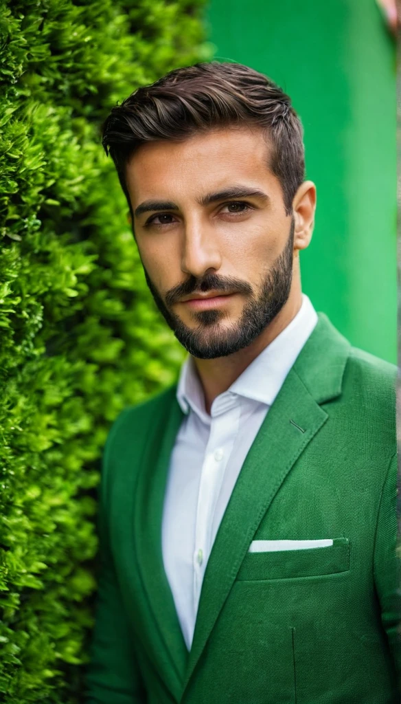 A beautiful 25 years young Italian man with a short beard and short hair, in a suit, in front of a green wall look in the camera. Warm neolight.