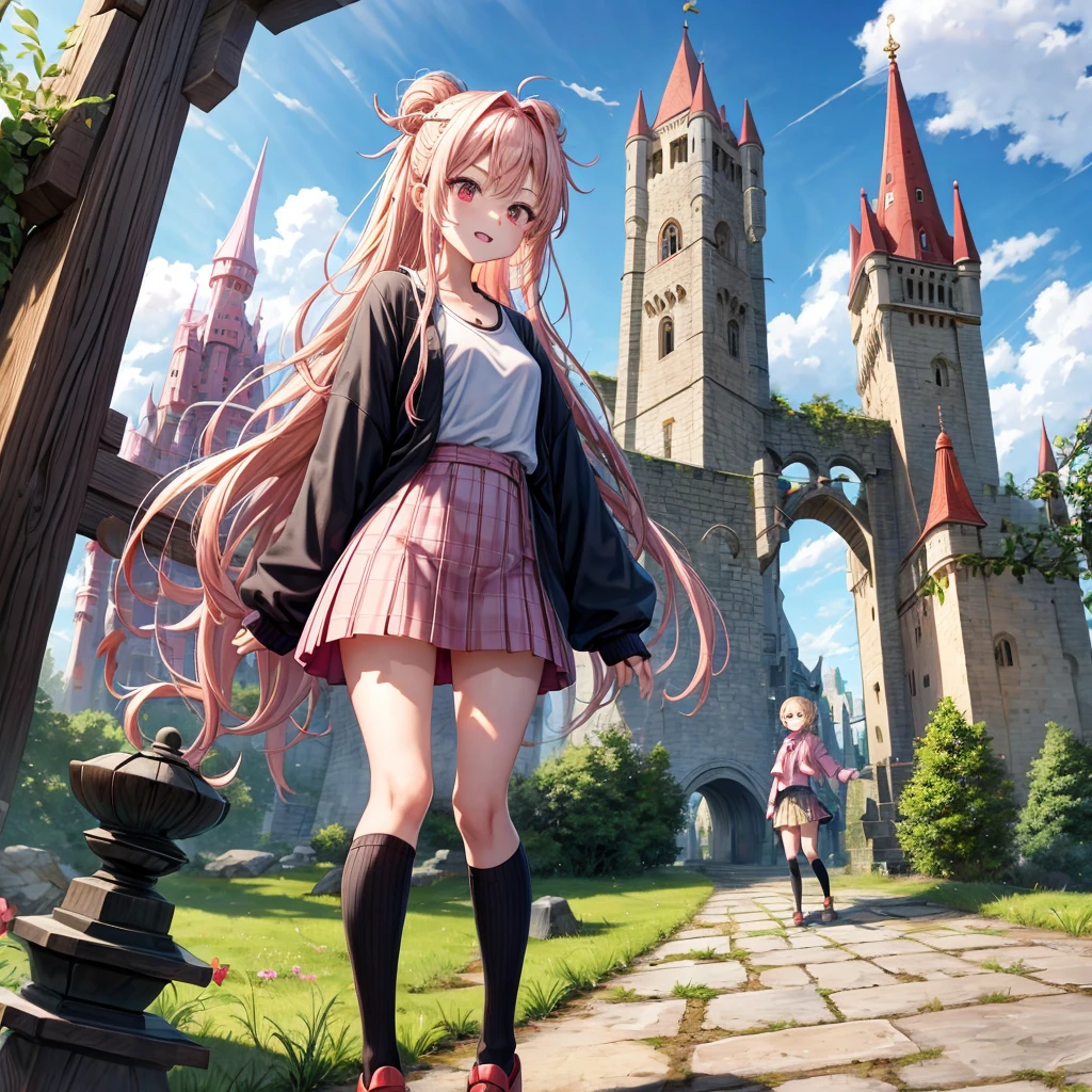 Pink Blonde、Red eyes、Wavy Hair、Hair tied up、Two cute、Checked mini skirt、black t-shirts、cardigan、Knee-high socks、Teeth are visible、Monster Castle、Tilting face、windmill、grass、Stones are growing out of the ground.、In front of the city gates、Underground tunnels、Water flows from the castle、Wooden bridge、The stone is cracked、Ashura Statue、Giant wood、Claw marks