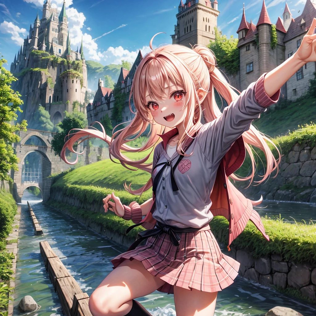 Pink Blonde、Red eyes、Wavy Hair、Hair tied up、Two cute、Checked mini skirt、black t-shirts、cardigan、Knee-high socks、Teeth are visible、Monster Castle、Tilting face、windmill、grass、Stones are growing out of the ground.、In front of the city gates、Underground tunnels、Water flows from the castle、Wooden bridge、The stone is cracked、Ashura Statue、Giant wood、Claw marks