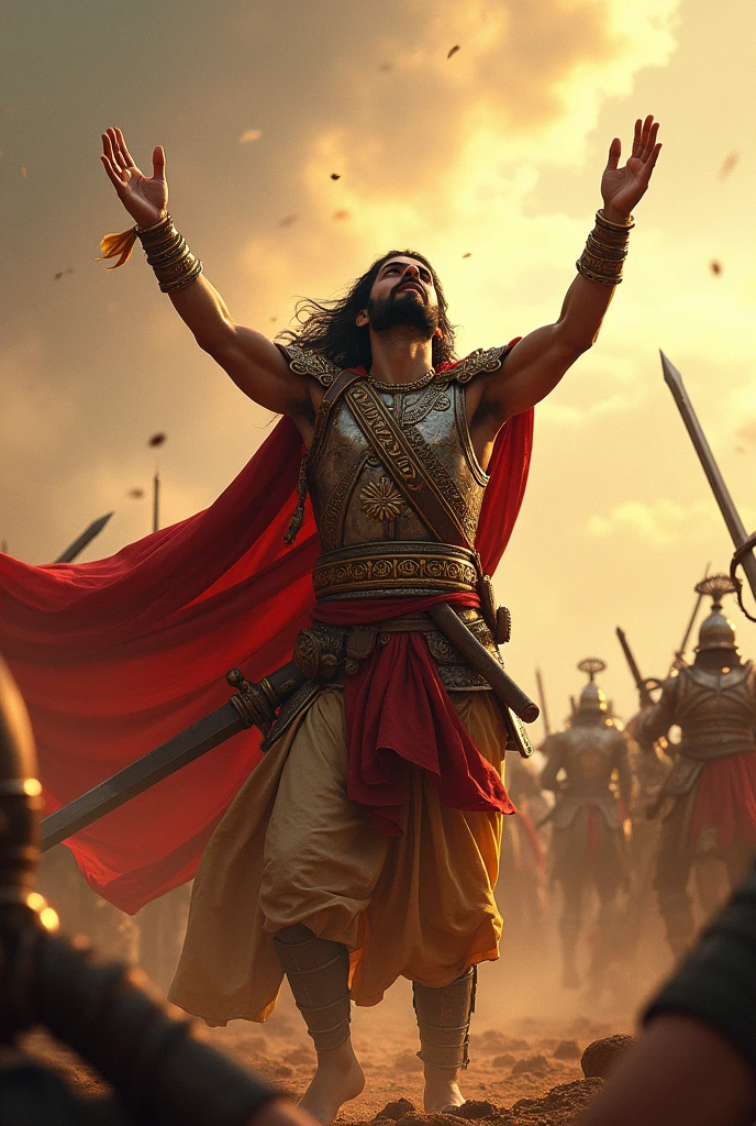 A Rajput warriors in battle in horse ground praying with both hand to lord Vishnu
