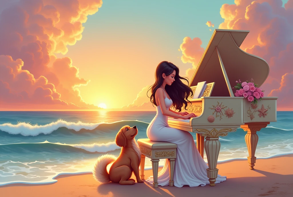 A warm, fantasy cartoon-style scene featuring a graceful woman playing the piano on a tranquil beach at sunset. The woman has a serene expression, with long, flowing hair that catches the soft ocean breeze. Her attire is elegant, with a light, flowing dress that complements the gentle waves in the background. Beside her, a loyal and fluffy dog rests peacefully, gazing at her with affection. The piano is a beautifully crafted, ornate instrument with intricate designs inspired by seashells and starfish. The sky is awash with hues of pink, orange, and purple as the sun sets, casting a warm, golden light over the entire scene, evoking a sense of calm and enchantment