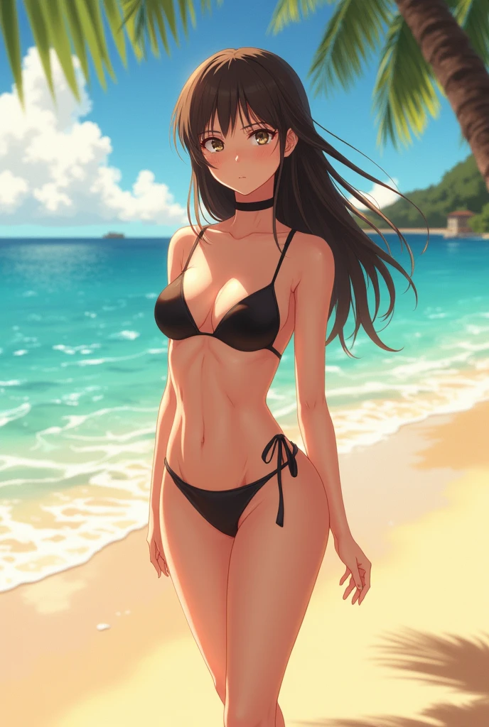 Waifu style anime sur la plage debout arrêté de face en maillot de bain un peu mince