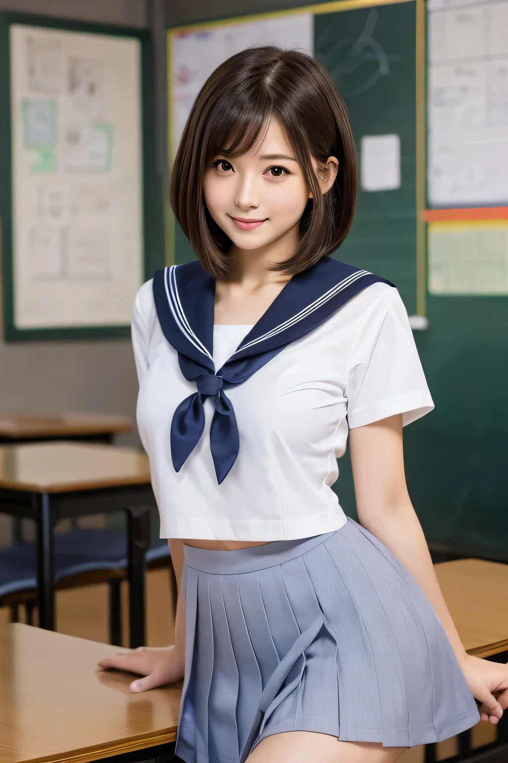 Highest quality, Soft Light, Ultra-high resolution, (Realistic:1.4), RAW Photos, Beautiful gradation, Ultra-high resolution, whole body, Knee Shot, Of Japanese, young woman, alone, cute, (pupil, Light in your eyes), Beautiful face in every detail, (Beautiful straight bob hair all the way to the ends:1.3), Natural skin texture, (Middle chest), indoor, Schoolgirl Uniform, (short sleeve school sailor uniform), Showing off your breasts, evening, In a high school classroom, A shy smile