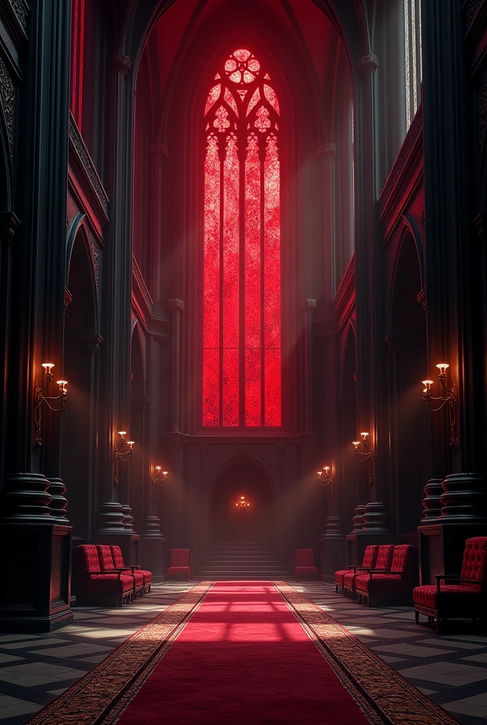 Can you create a huge Royal hall, very wide, with gothic style windows with black curtains, with completely black walls and black furniture in French medieval style, black carpet, black upholstery, with the entry of a very intense red sunlight through the almost opaque deep red stained glass windows?