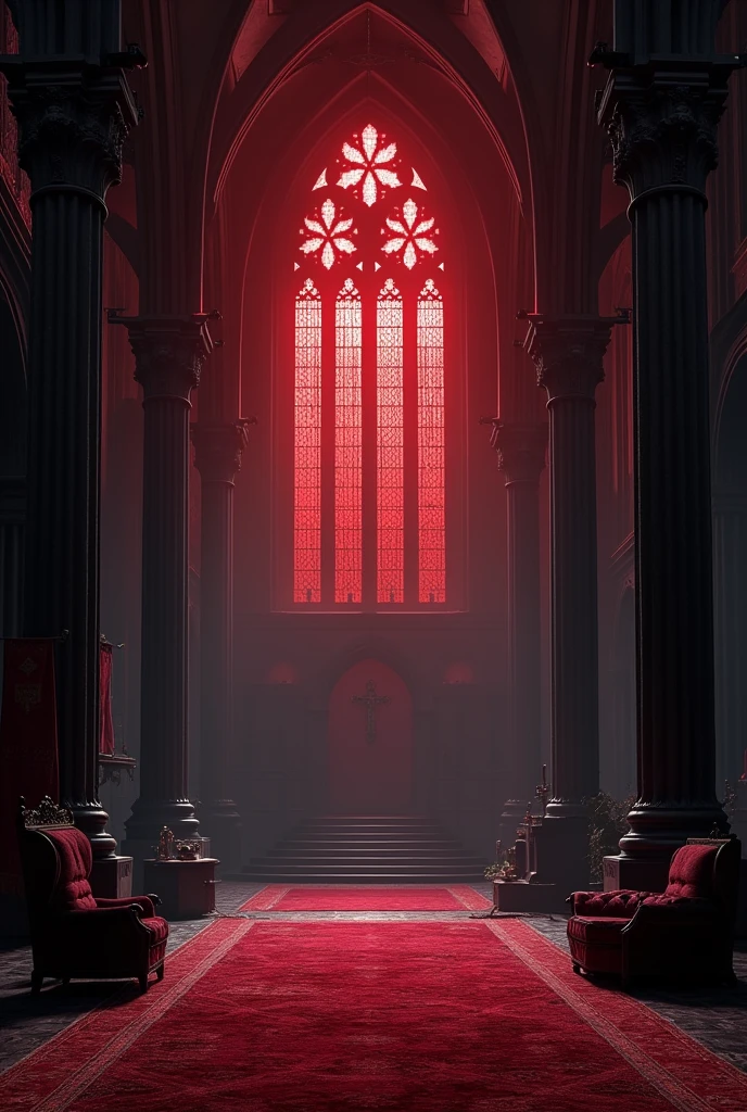 Can you create a huge Royal hall, very wide, with gothic style windows with black curtains, with completely black walls and black furniture in French medieval style, black carpet, black upholstery, with the entry of a very intense red sunlight through the almost opaque deep red stained glass windows?