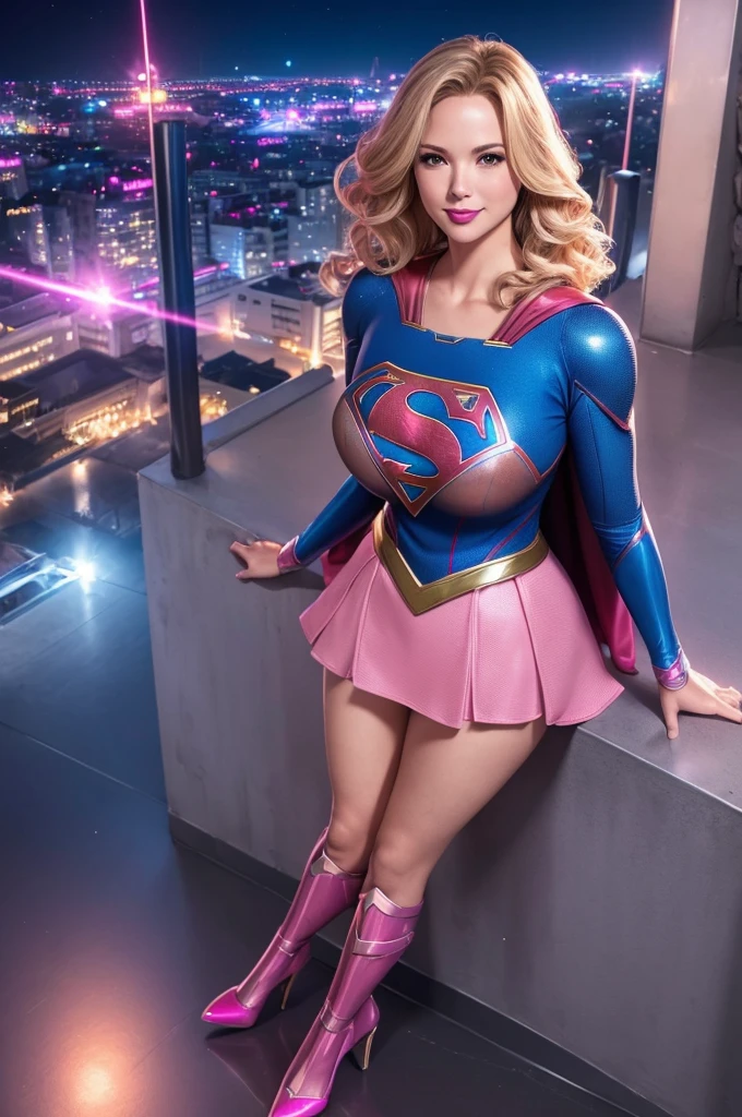 girl, 2, Full body view, Full body view, Full body view, Beautiful woman,Pink high heels,Shoulder-Length Wavy Blonde, Face up with bangs, curls, Shoulder-Length Blonde Wavy Hair,(Large target_breast:1.5) Red lipstick, Smile, hands-free, Stand facing the camera, (( Short sleeve, Knee length, Two-piece, sparkling pink and blue futuristic body armor of Supergirl with matching skirt and high heels)), Roof garden city night view, (Curvy beauty:1.0)