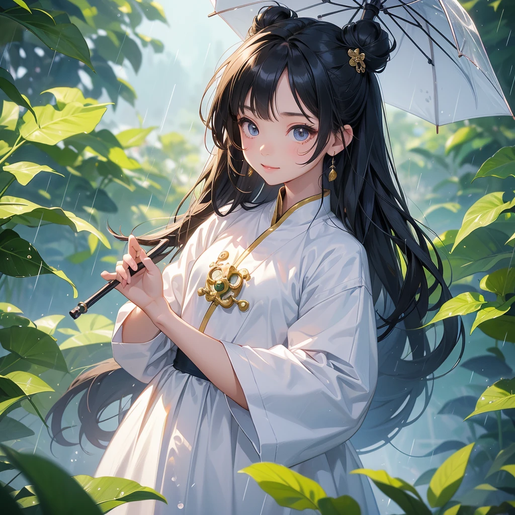 A chibi child girl had a small face and Wearing white little Taoist priest's outfit. A pair of big round eyes shone with curiosity about him. This child was so cute,her hair is black with two buns on her hair.small chibi, chibi baby, smiling ,Chibi.
Stand holding an umbrella to protect from the rain. Rain fell and splashed around. There are water droplets falling on the leaves in the surrounding area, green and moist, the atmosphere after rain.