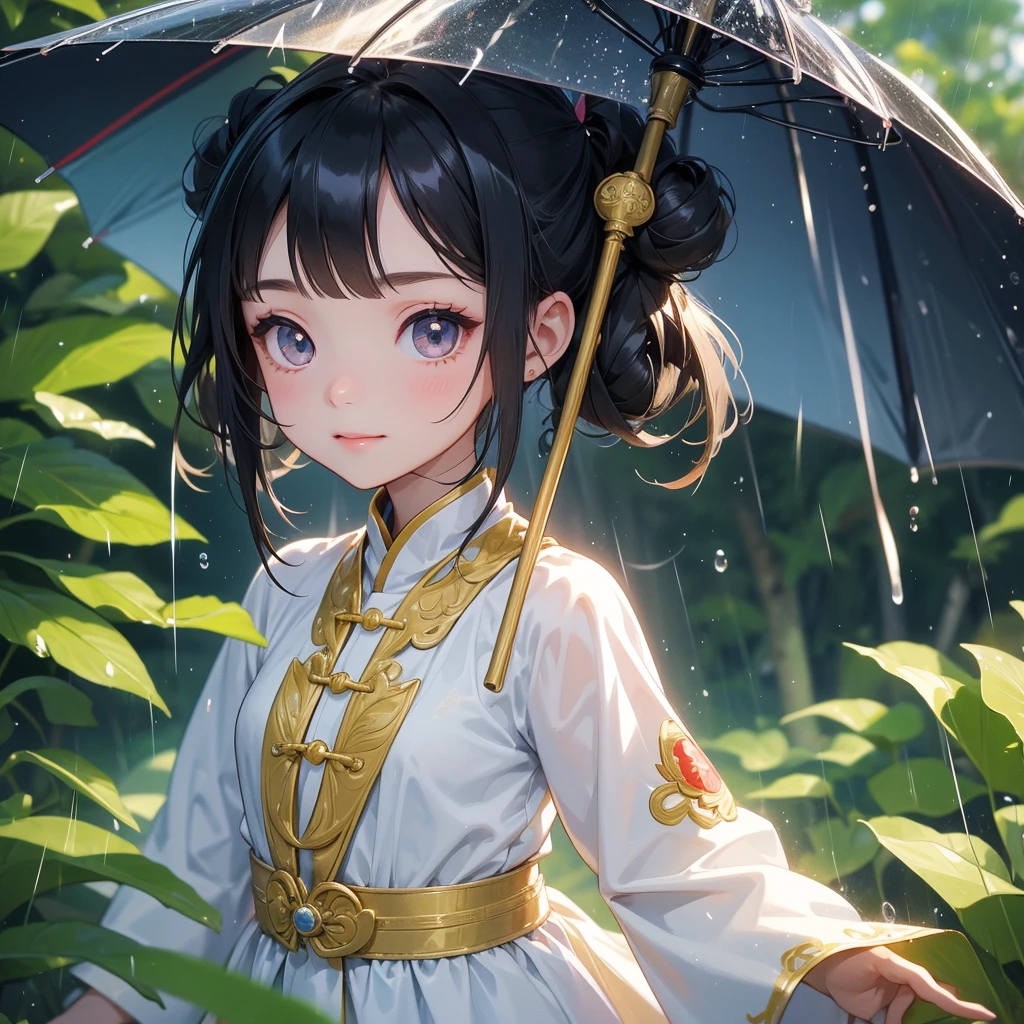 A chibi child girl had a small face and Wearing white little Taoist priest's outfit. A pair of big round eyes shone with curiosity about him. This child was so cute,her hair is black with two buns on her hair.small chibi, chibi baby, smiling ,Chibi.

Stand holding an umbrella to protect from the rain. Rain fell and splashed around. There are water droplets falling on the leaves in the surrounding area, green and moist, the atmosphere after rain.
