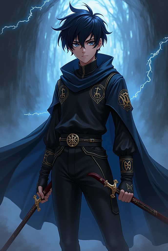 Chico, adolescent, アニメ,black hairr,grey eyes,clothes black,swords,dark magic 