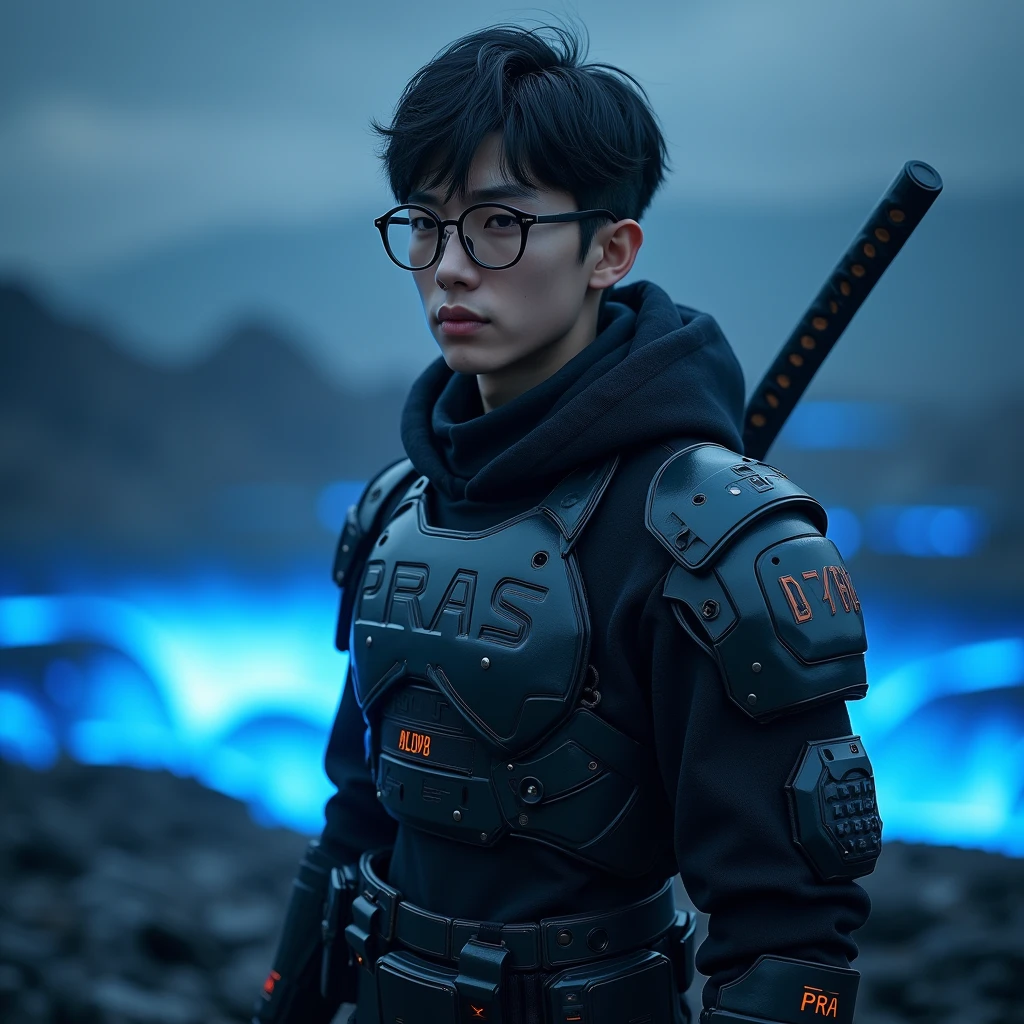 Create a character stylist, {{background: text: “GLBK”, darkness blue vulcano}},
realistic, HDR, use glasses, handsome, korean style, full body, use katana, age 20, armor text HD: “PRAS”