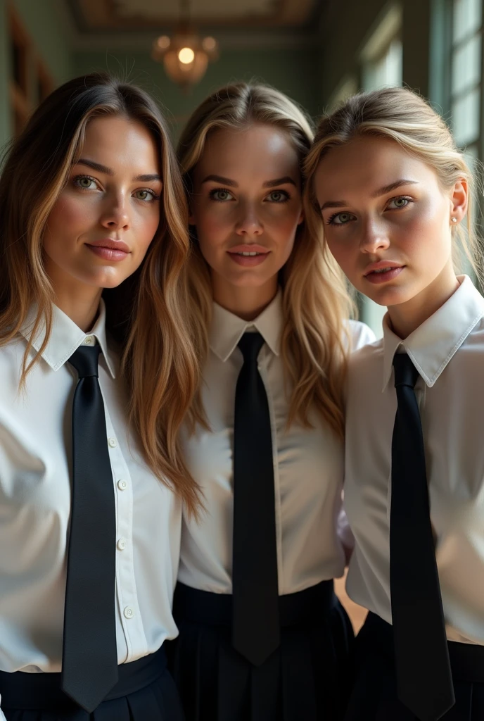 (ultra-detailed, photorealistic, best quality, 4k, 8k, highres, masterpiece:1.3), ((Cameron Diaz, Nicole Kidman, and Charlize Theron as teenagers)), ((wearing school uniform in a private school in the UK)), (intricate detail, super finely detailed hands, ultra finely detailed fingers, full body showcase, show full body).
